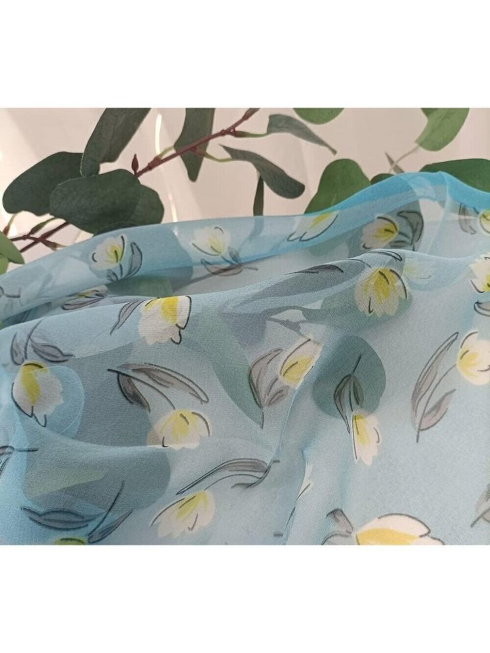 Women's  Light Blue Fashion Lightweight Head Scarf Floral Print Chiffon Scarves - Picture 4 of 5